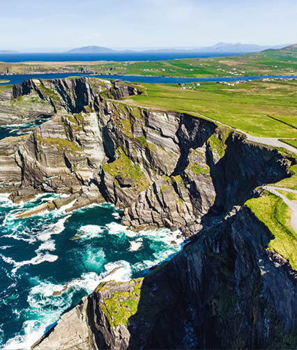 Amazing wave lashed Kerry Cliffs, widely accepted as the most spectacular cliffs in County Kerry, Ireland. Tourist attractions on famous Ring of Kerry route.