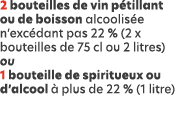 2 bouteilles de vin p tillant ou de boisson alcoolis e n’exc dant pas 22 % (2 x bouteilles de 75 cl ou 2 litres) ou 1...