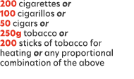 200 cigarettes or 100 cigarillos or 50 cigars or 250g tobacco or 200 sticks of tobacco for heating or any proportiona...