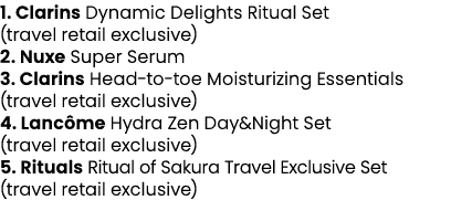 1. Clarins Dynamic Delights Ritual Set (travel retail exclusive) 2. Nuxe Super Serum 3. Clarins Head to toe Moisturiz...