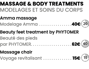 massage & body treatments MODELAGES ET SOINS DU CORPS Amma massage Modelage Amma 40€ ￼ Beauty feet treatment by Phyto...