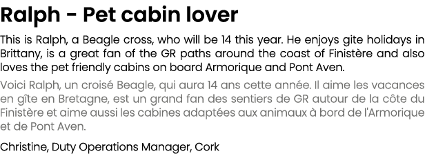 Ralph Pet cabin lover This is Ralph, a Beagle cross, who will be 14 this year. He enjoys gite holidays in Brittany, i...