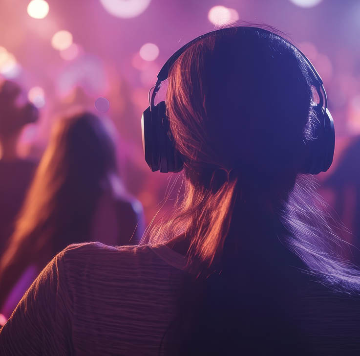 A mesmerizing scene of people dancing in a vibrant silent disco, showcasing a fun atmosphere filled with colorful lights and energetic movements.