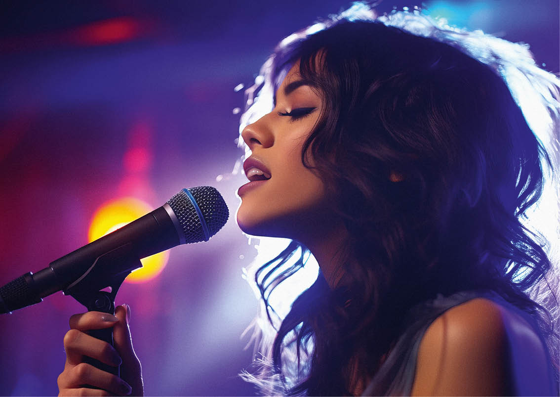 Beautiful asian female singer sings on stage in light spotlights.