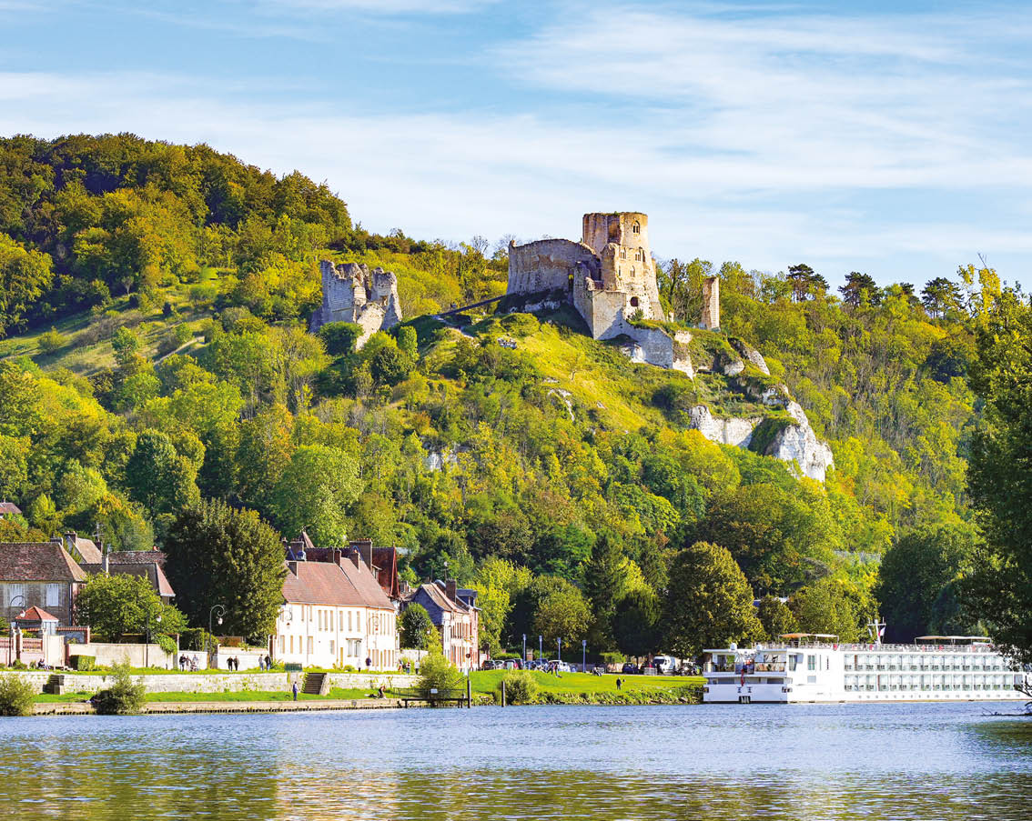View of the River Seine in the Norman town of Les Andelys, overlooked by the ruins of Ch teau Gaillard, a medieval castle built by the King of England Richard the Lionheart in Normandy, France